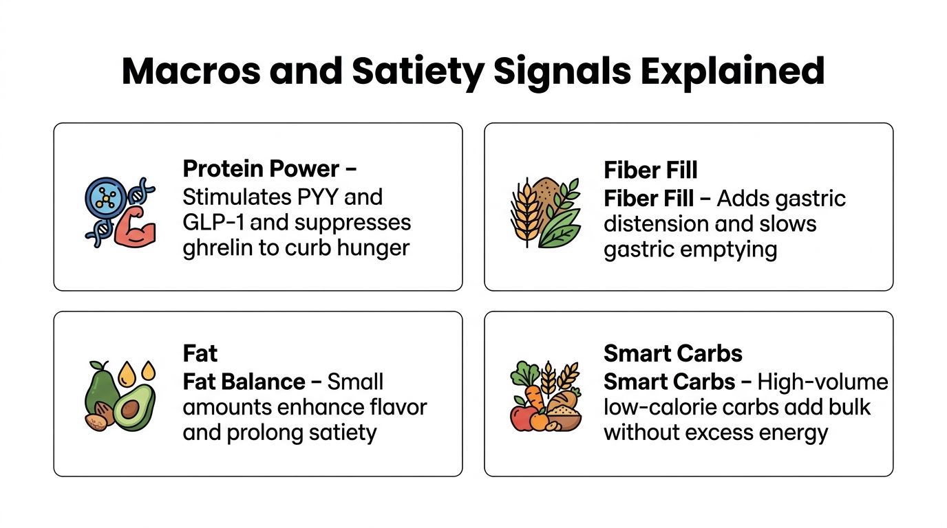 An infographic explaining how different macronutrients like protein, fiber, fat, and carbohydrates influence satiety signals and hunger.