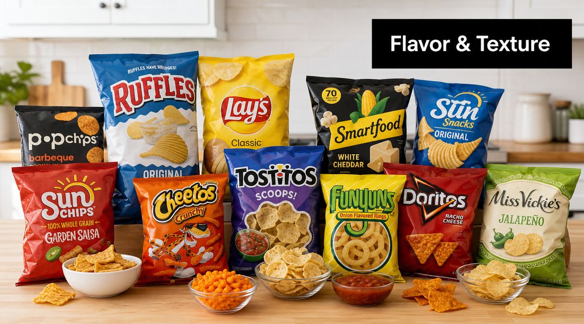An assortment of popular snack chip brands displayed on a kitchen counter, featuring bags and bowls.