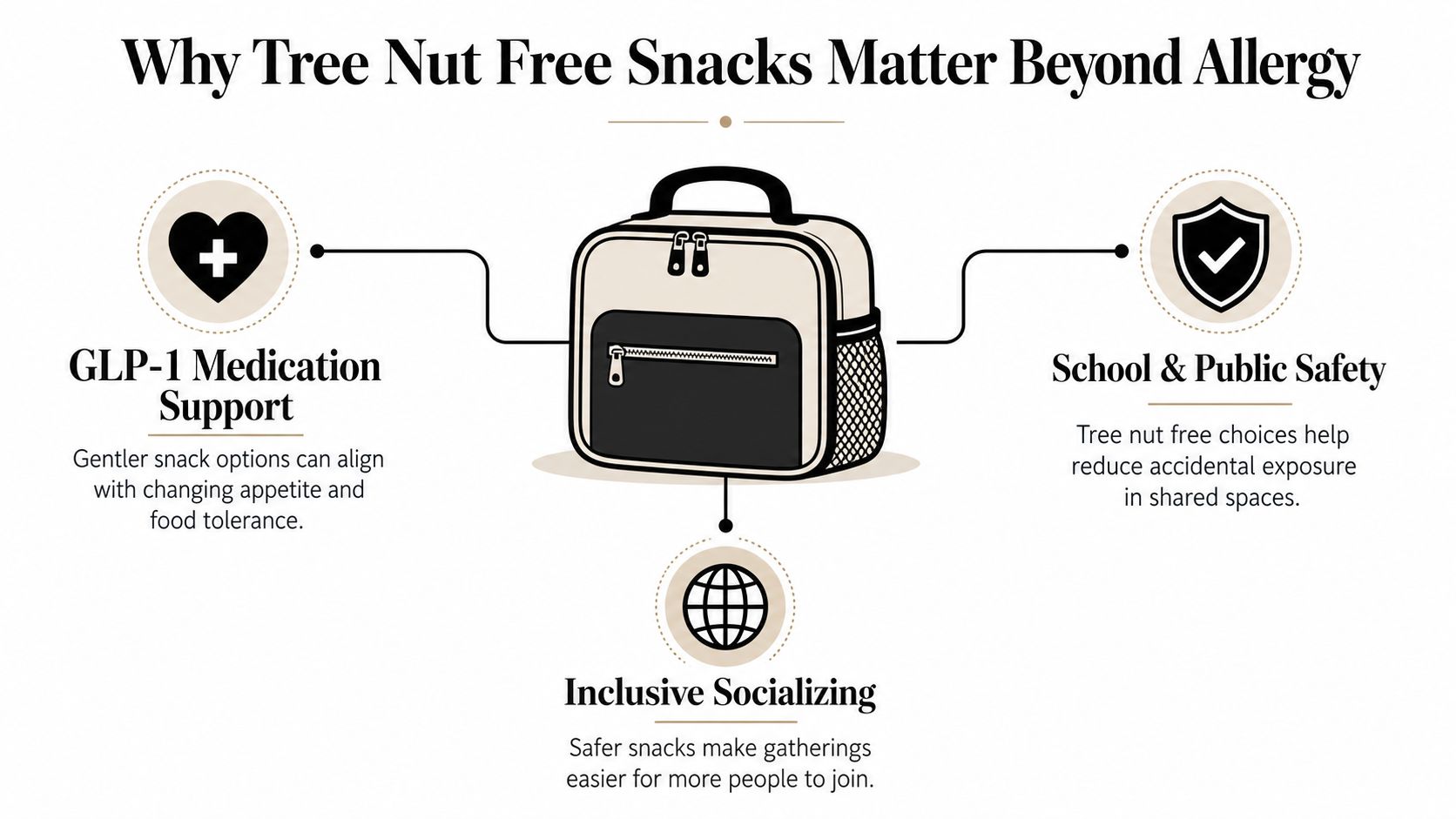 An infographic titled Why Tree Nut Free Snacks Matter Beyond Allergy featuring icons for medication, safety, and socializing.
