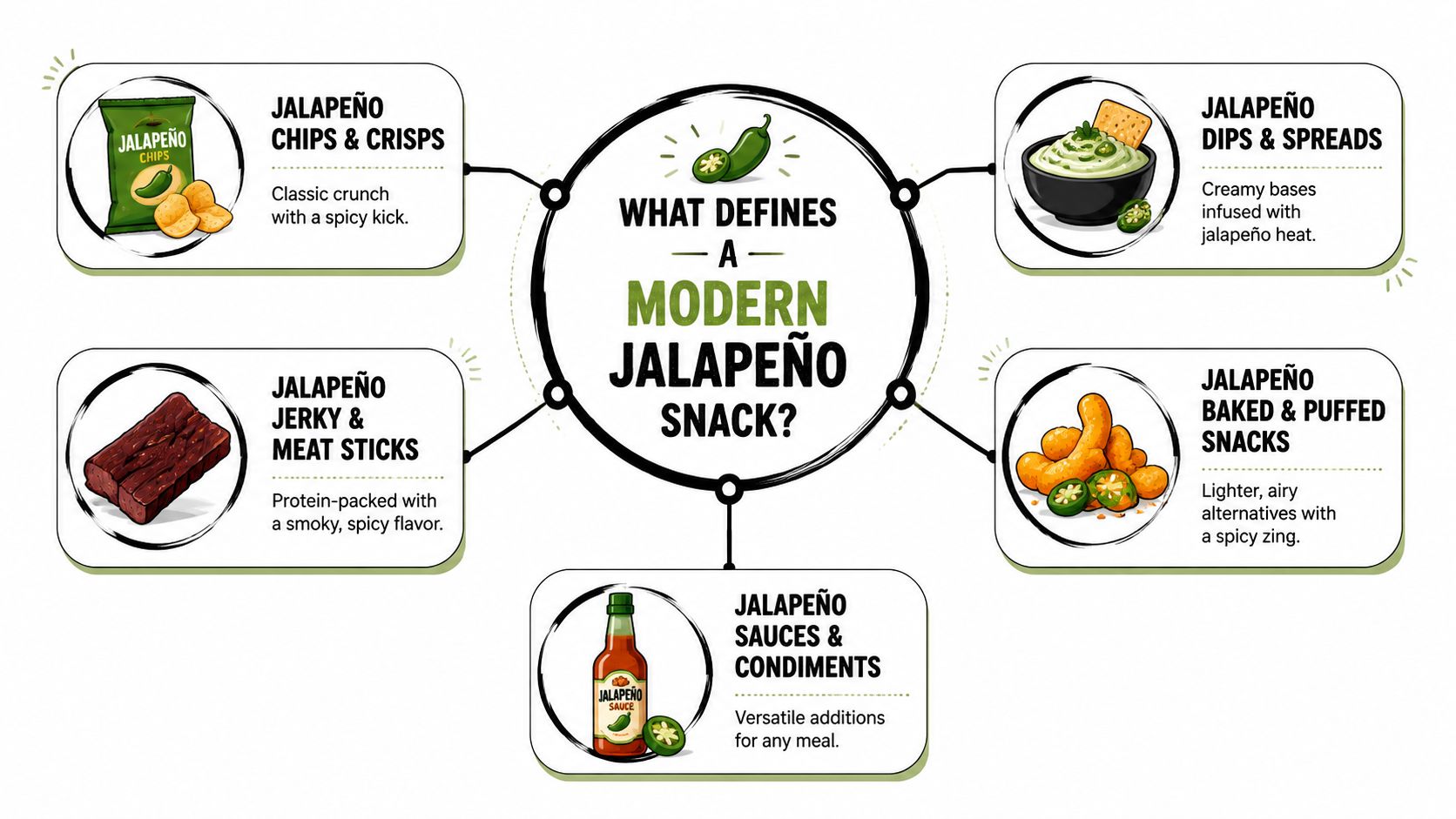 An infographic displaying five different categories of modern jalapeño snacks, including chips, dips, jerky, puffed snacks, and sauces.