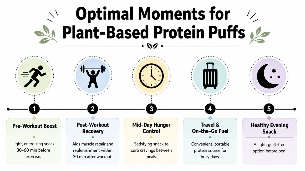 A diagram illustrating five optimal times to consume plant-based protein puffs for fitness and energy.