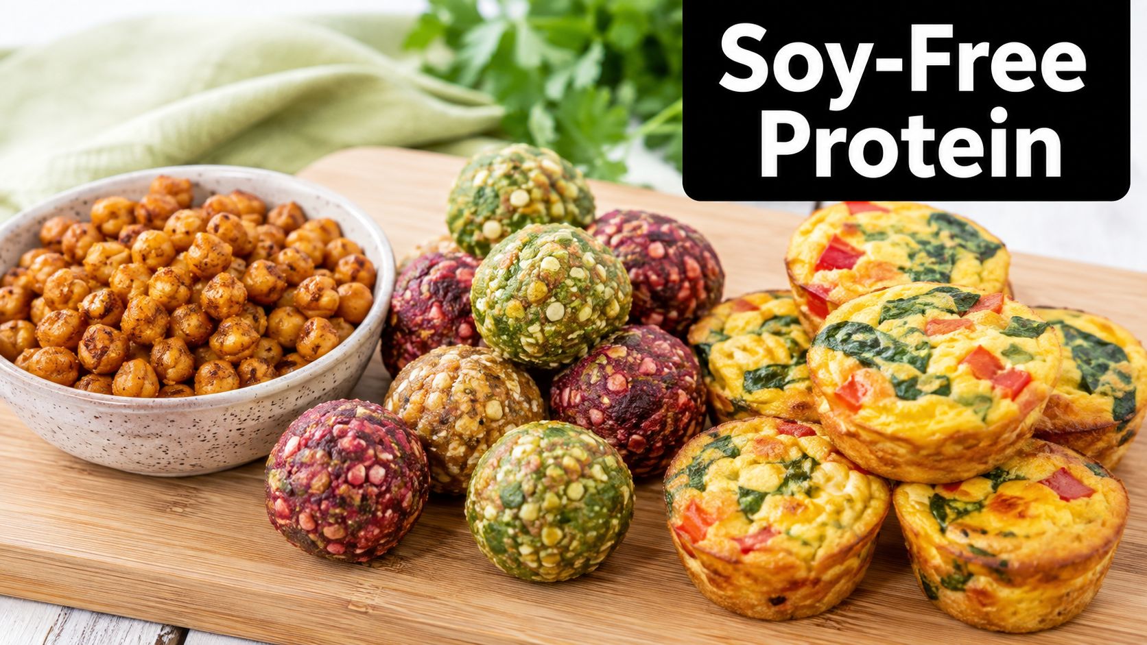 A healthy assortment of chickpea snacks, colorful veggie balls, and savory egg muffins on a wooden board.