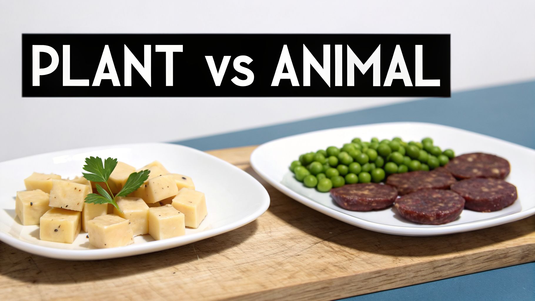 Two plates comparing plant-based cubes and parsley with peas and sausage slices, labeled 'PLANT vs ANIMAL'.