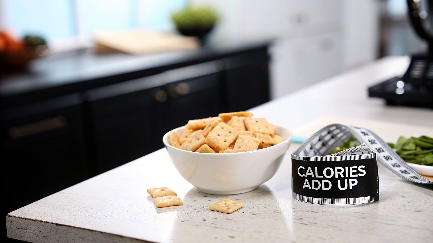 A bowl of square cheese crackers on a kitchen counter with a measuring tape displaying 'CALORIES ADD UP'.
