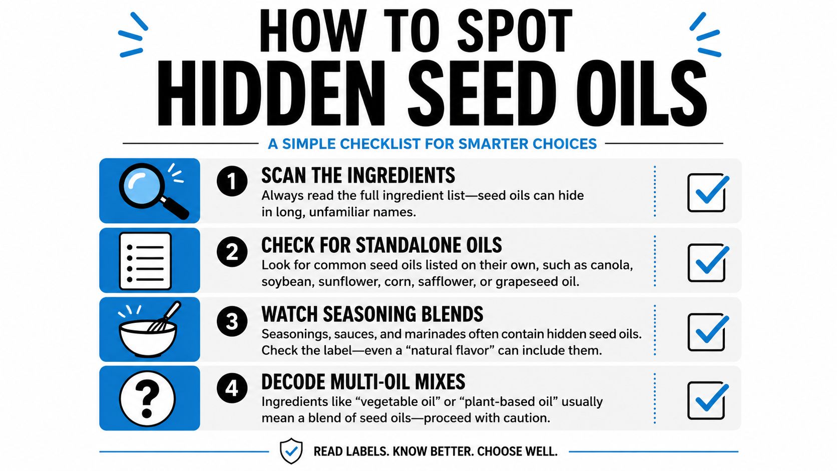 An infographic checklist guiding consumers on how to identify hidden seed oils in processed food products.