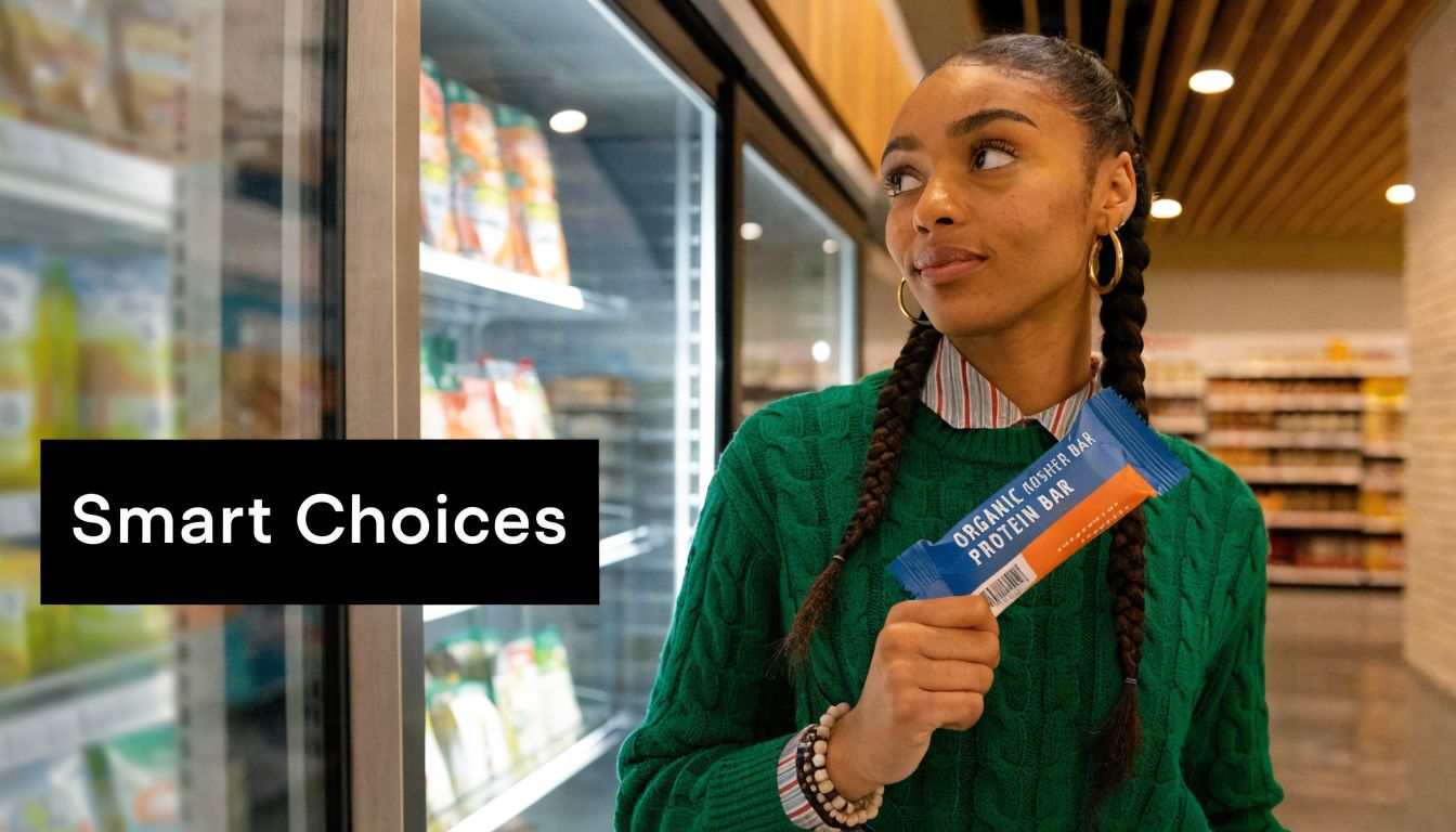 A young woman holding an organic kosher protein bar in a grocery store aisle while looking away.