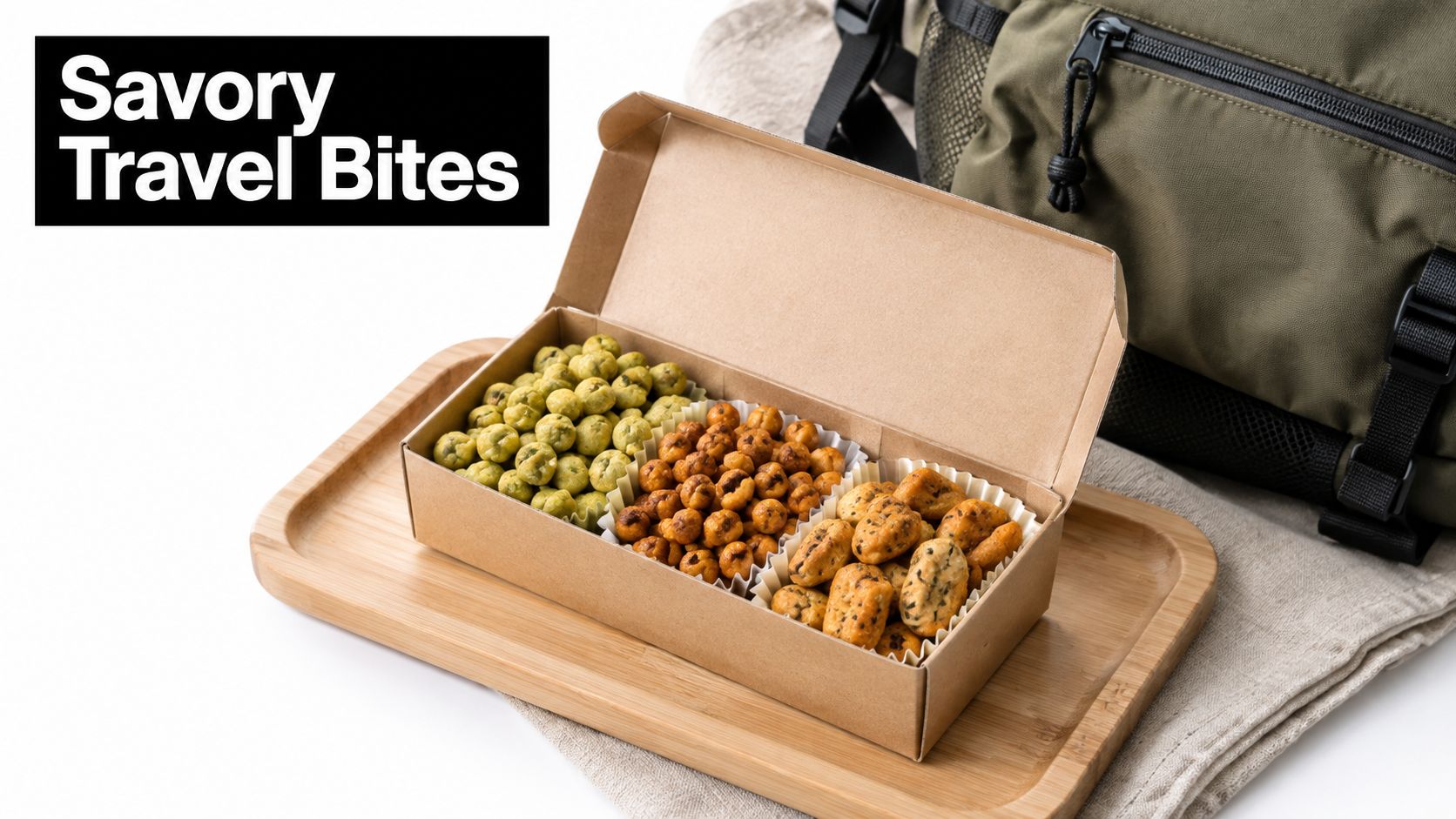 A box of three different types of savory protein snacks served on a wooden tray with a backpack.