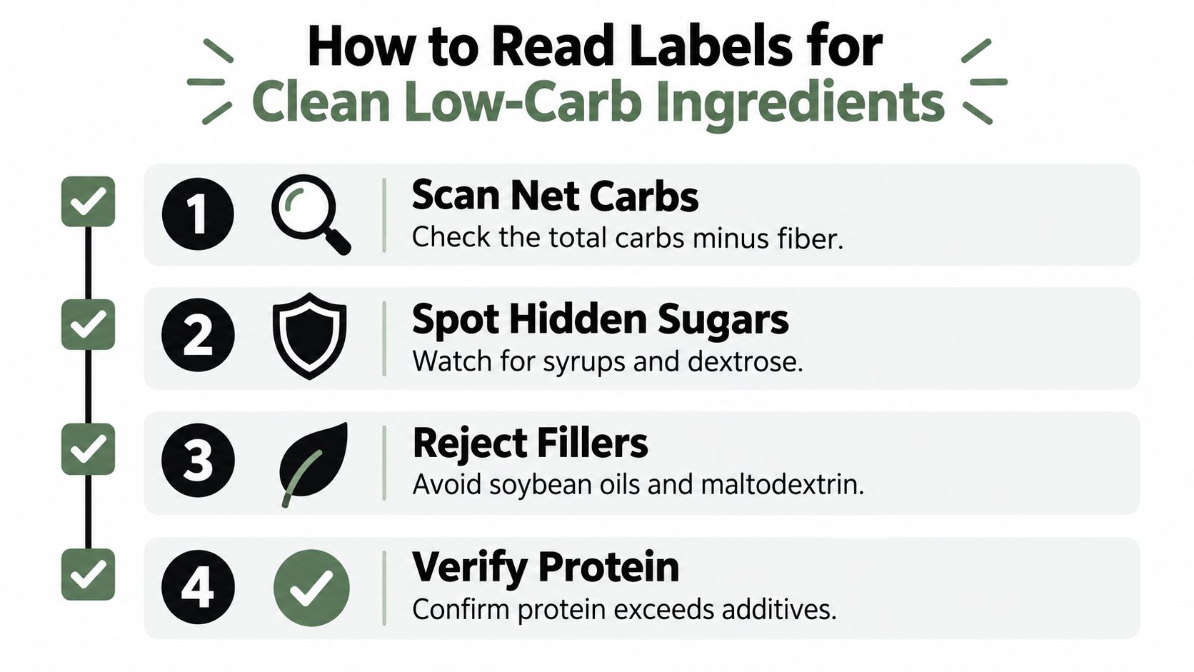 A four-step infographic guide on how to read food labels for clean, healthy, low-carb ingredient selection.