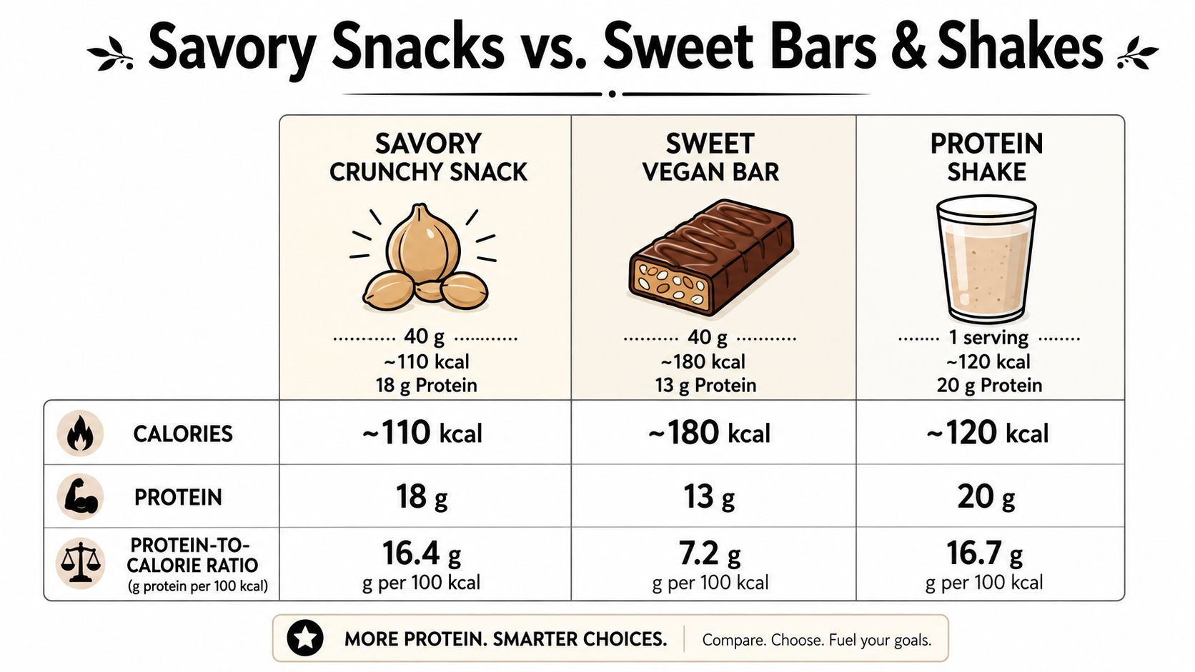 A comparison chart showing calories, protein content, and protein-to-calorie ratios for savory snacks, vegan bars, and shakes.