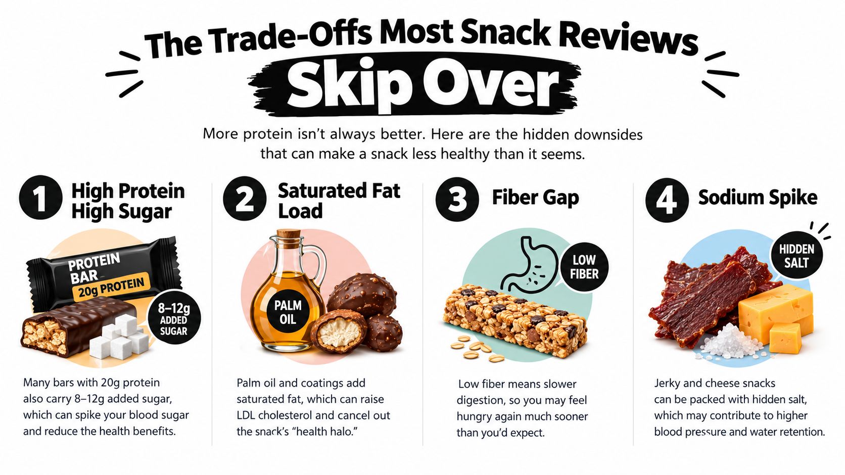 An infographic detailing four hidden health downsides of common portable high protein snacks.