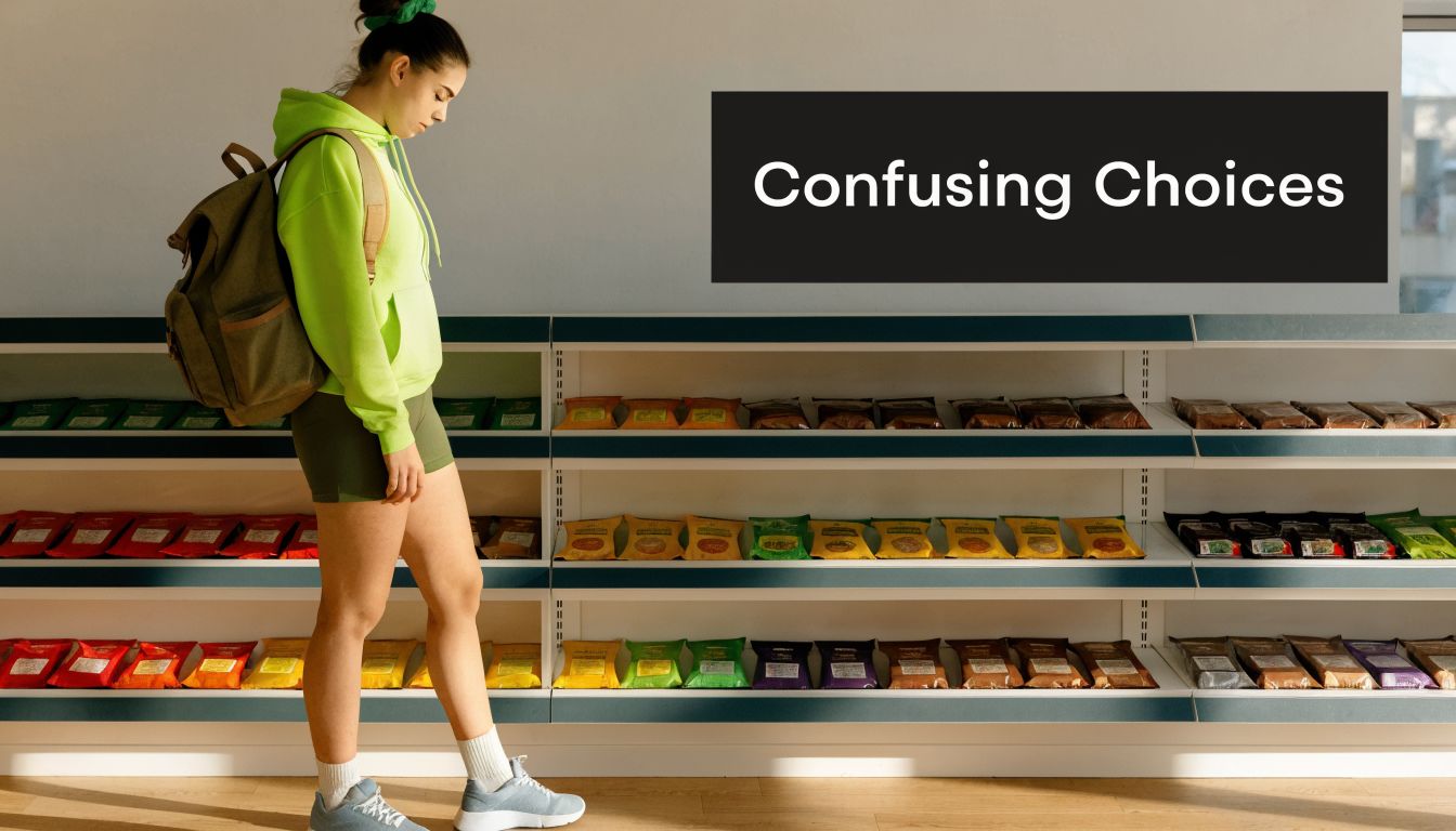A young woman wearing a neon green hoodie standing before supermarket shelves packed with protein bar options.