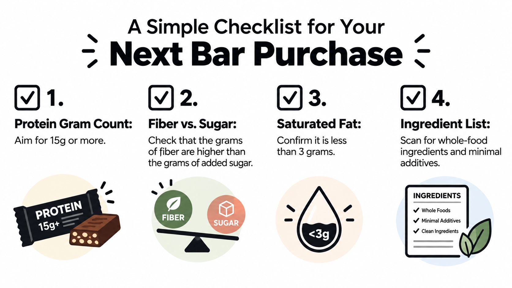 A simple checklist for choosing healthy protein bars based on protein, fiber, sugar, fat, and ingredients.