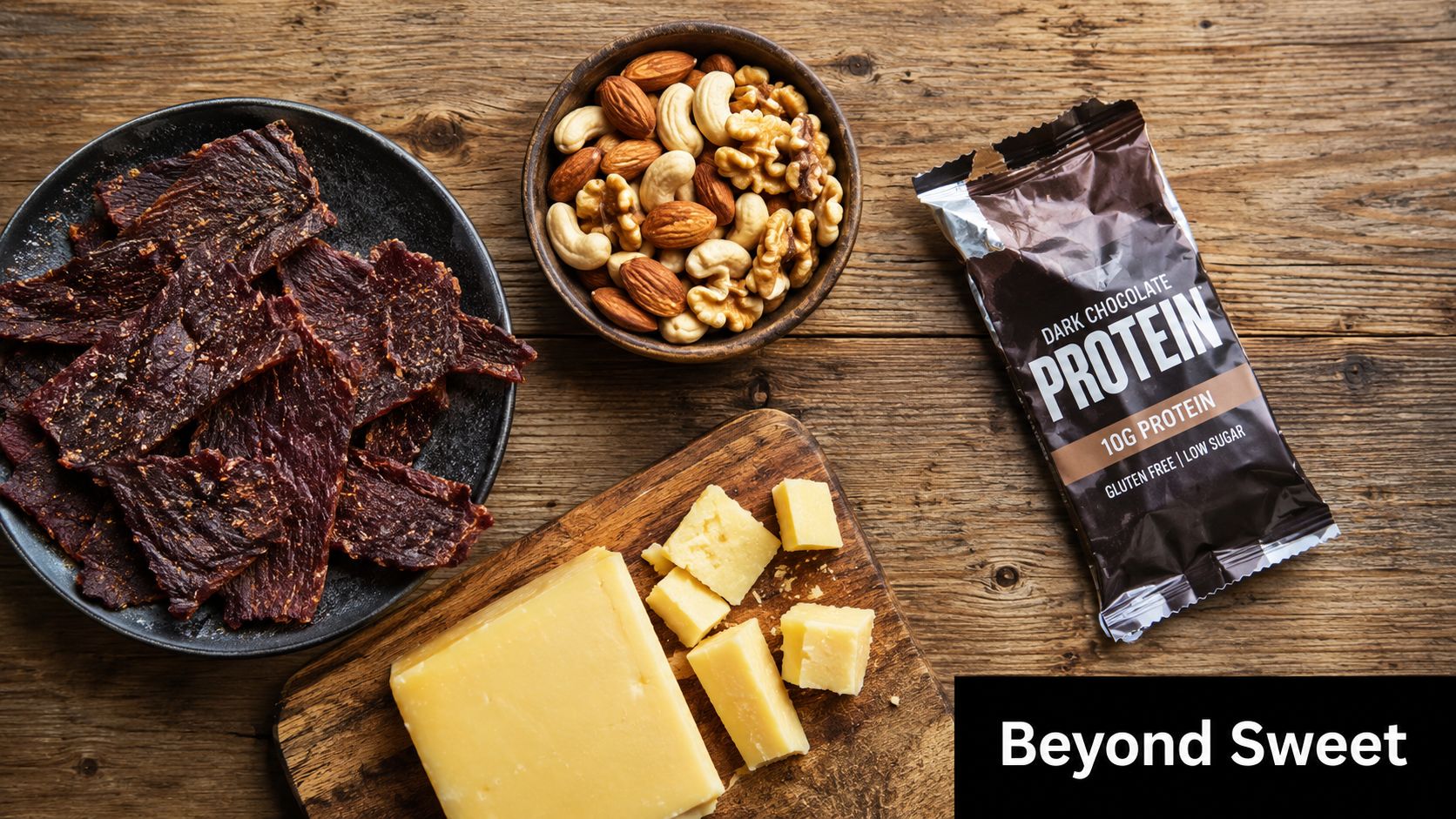 A wooden table featuring a plate of beef jerky, a bowl of mixed nuts, cheese, and a protein bar.