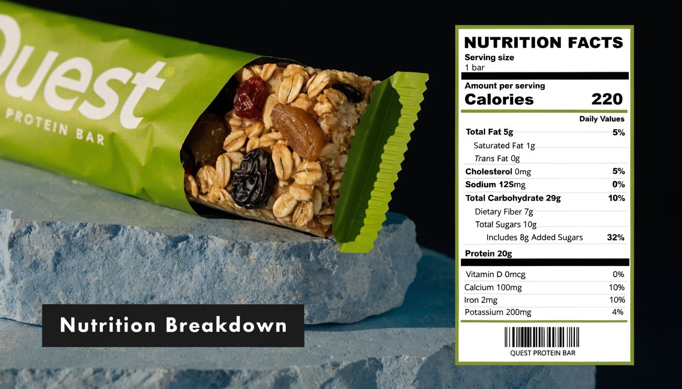A green Quest protein bar sitting on a blue rock next to its nutrition facts label.