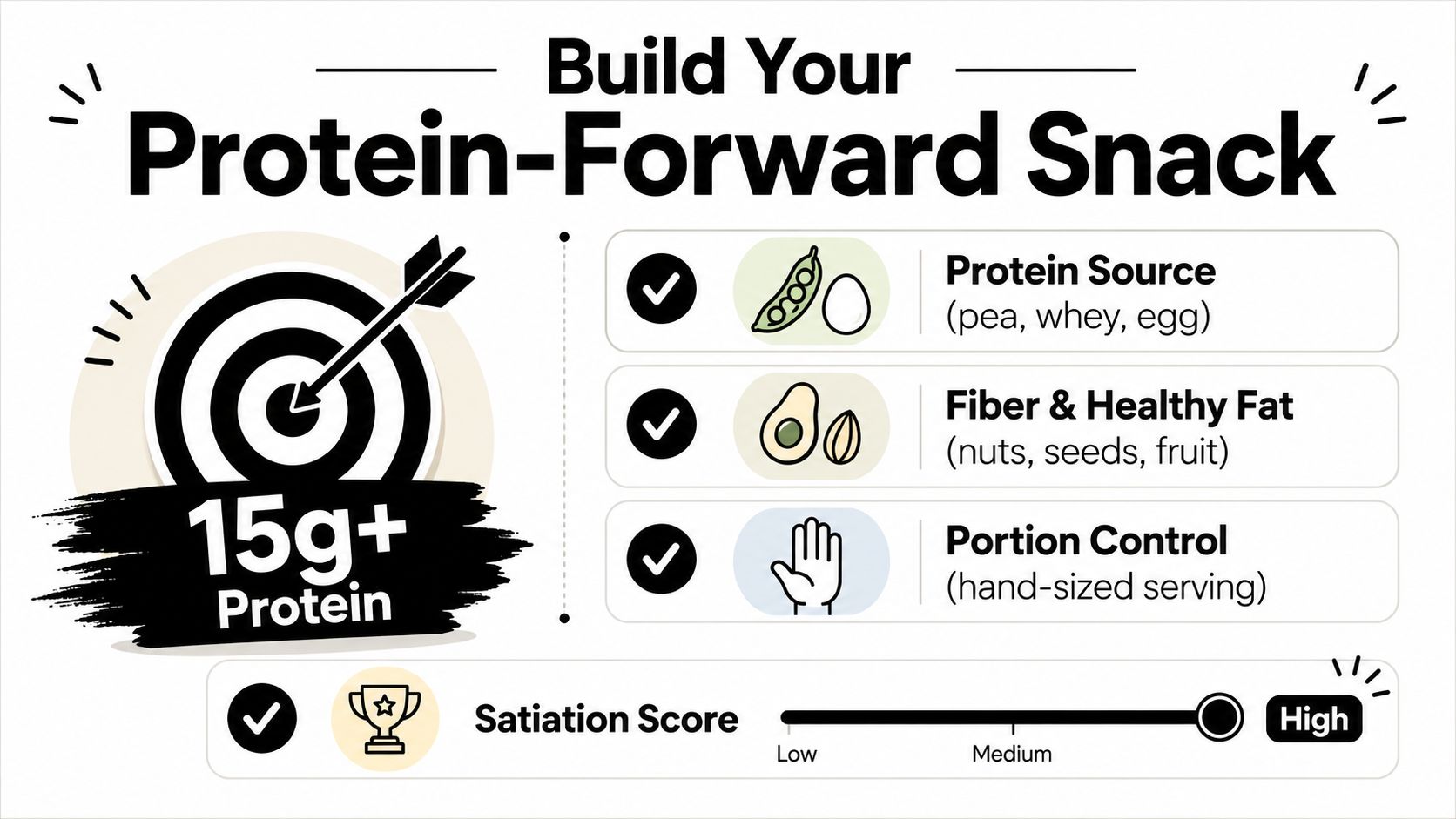 An infographic showing how to build a high-protein snack for better satiation and health.