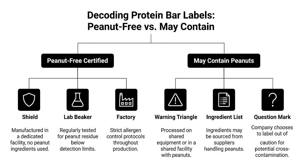 An infographic chart comparing peanut-free certified labels with may contain peanut warnings for food packaging.