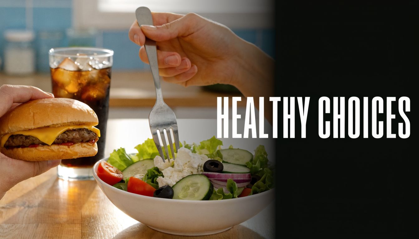 A person holds a cheeseburger next to a bowl of fresh salad with the words healthy choices.