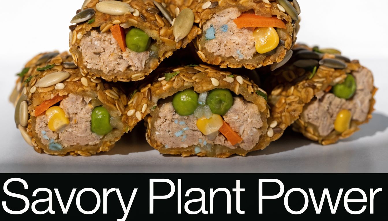 A pile of savory plant-based protein bars filled with peas, corn, and carrots, topped with seeds.