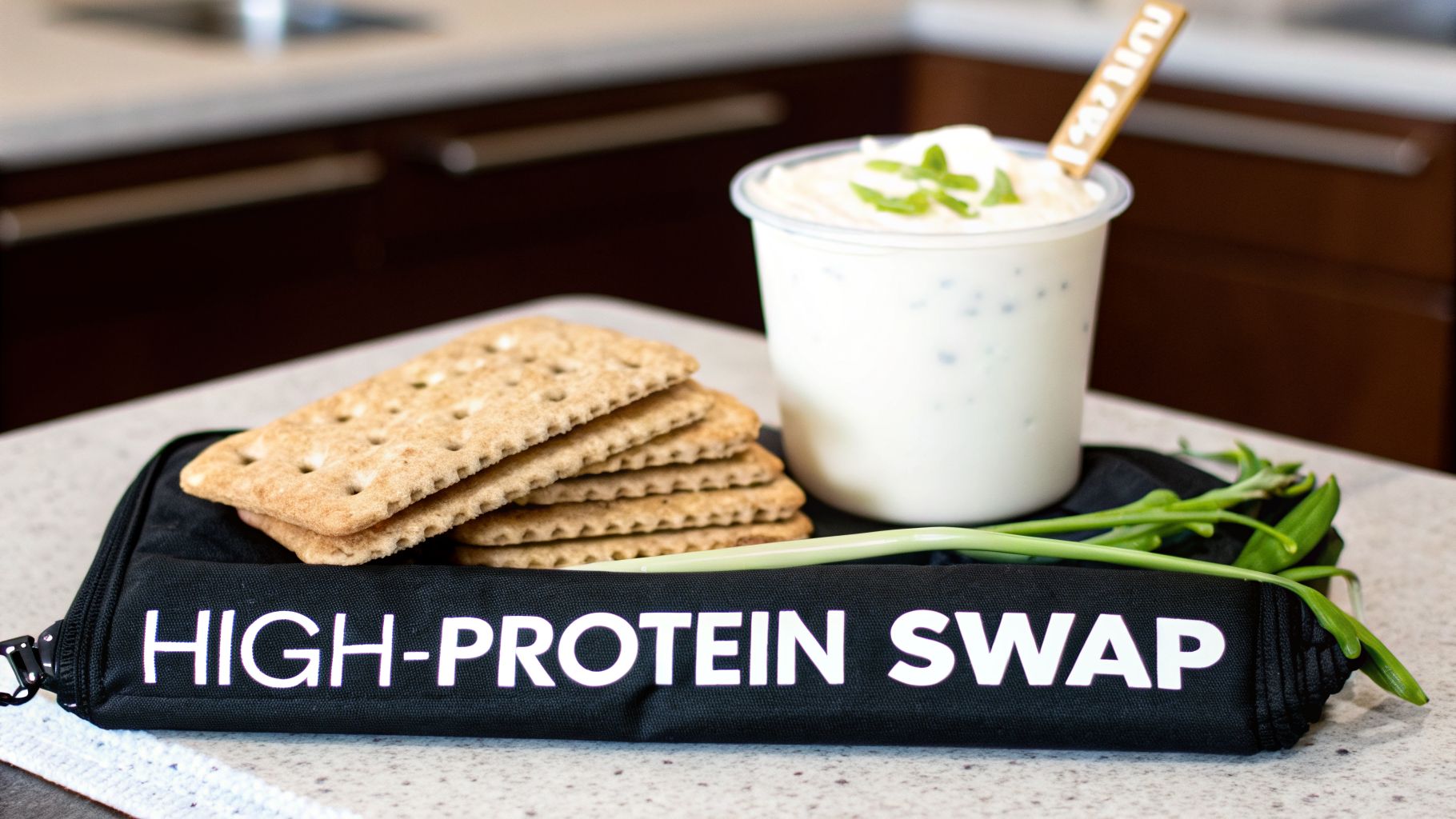 A high-protein snack swap featuring a stack of crackers, a cup of creamy dip, and green onions.