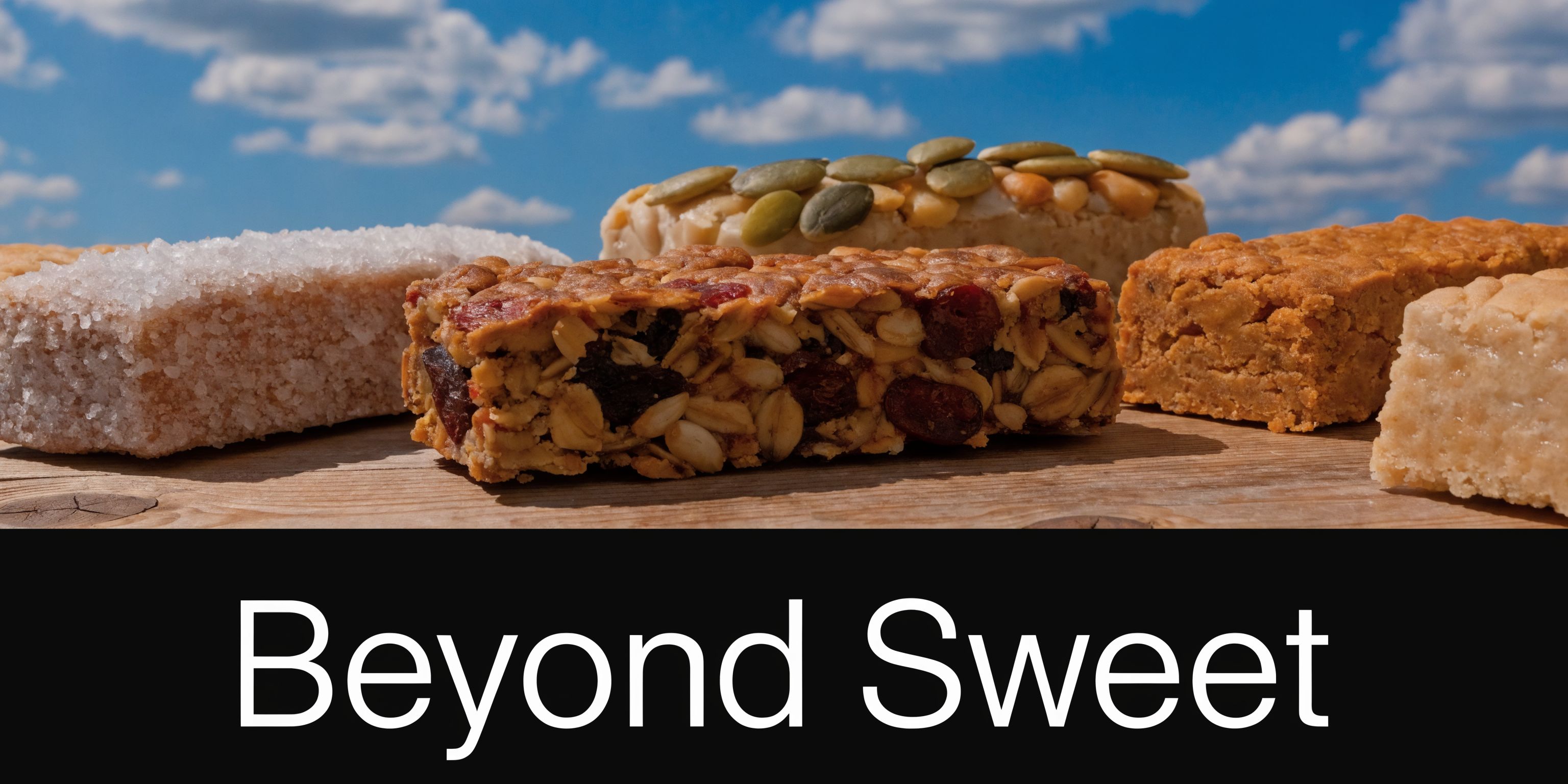 A collection of various granola and protein bars arranged on a wooden surface against a blue sky.