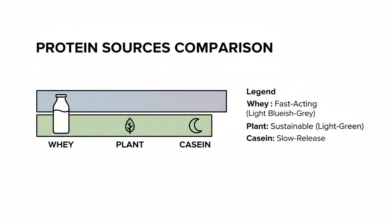 Infographic comparing whey, plant, and casein protein sources by type, color, and release speed.