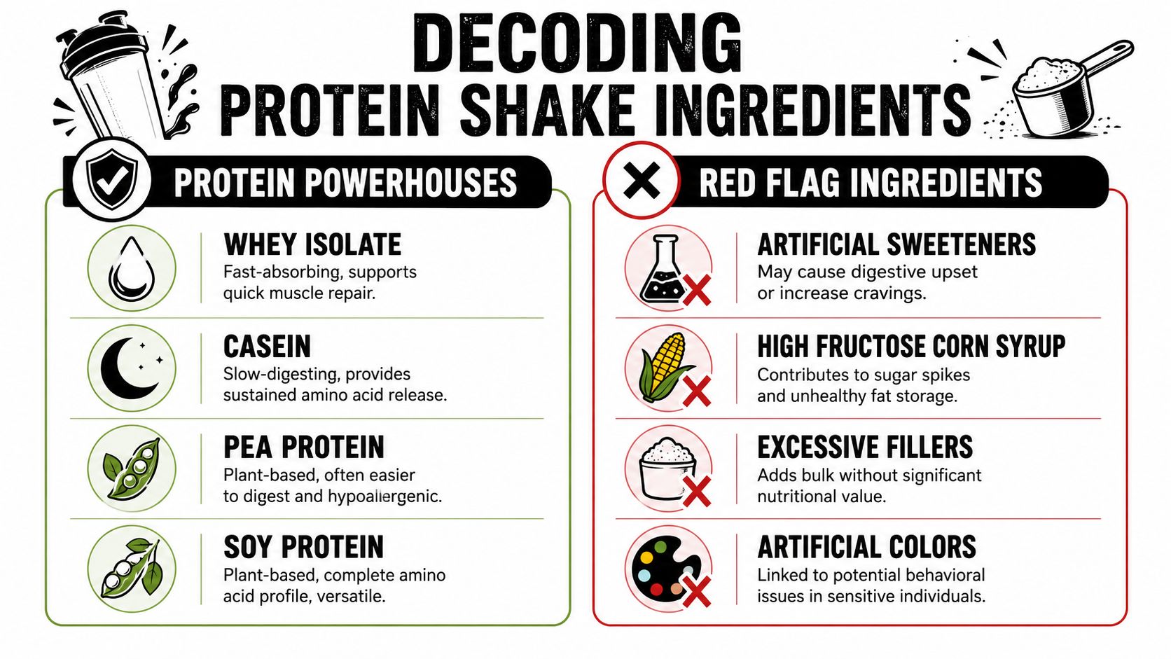 A chart titled Decoding Protein Shake Ingredients comparing beneficial protein powerhouses with harmful red flag ingredients.