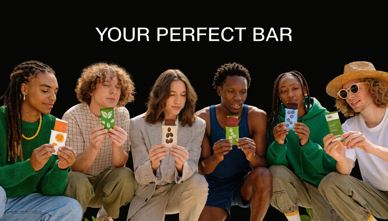 A diverse group of six friends holding different flavors of organic non GMO protein bars together.