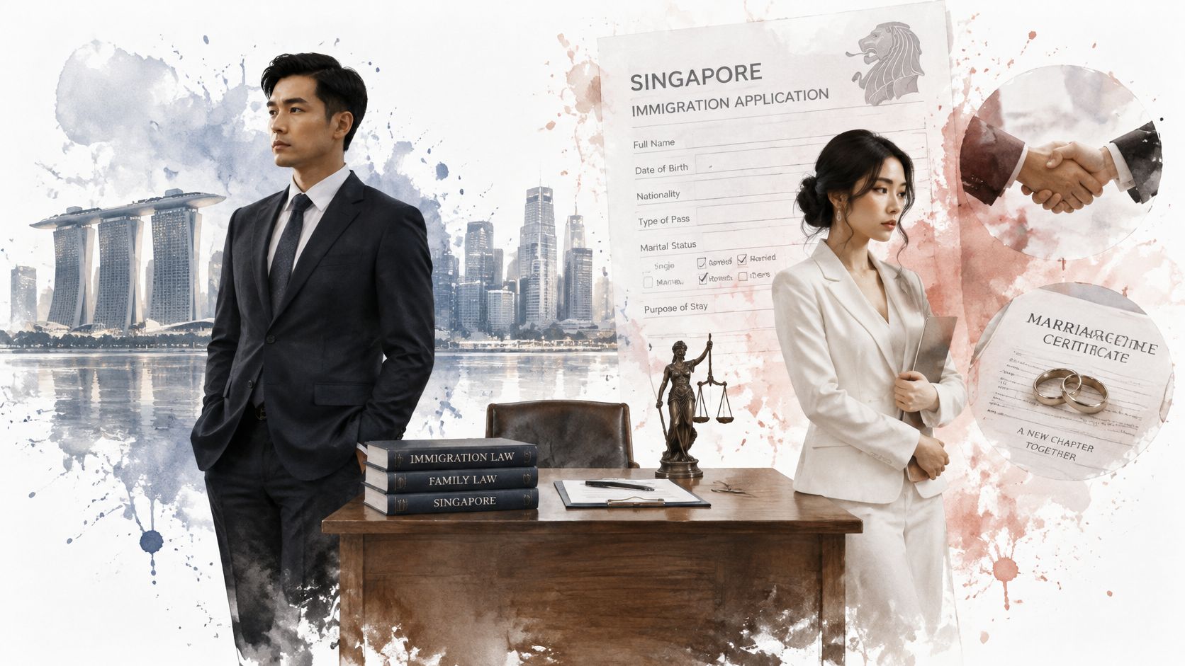 A professional man and woman standing near an office desk with Singapore immigration and marriage documentation.
