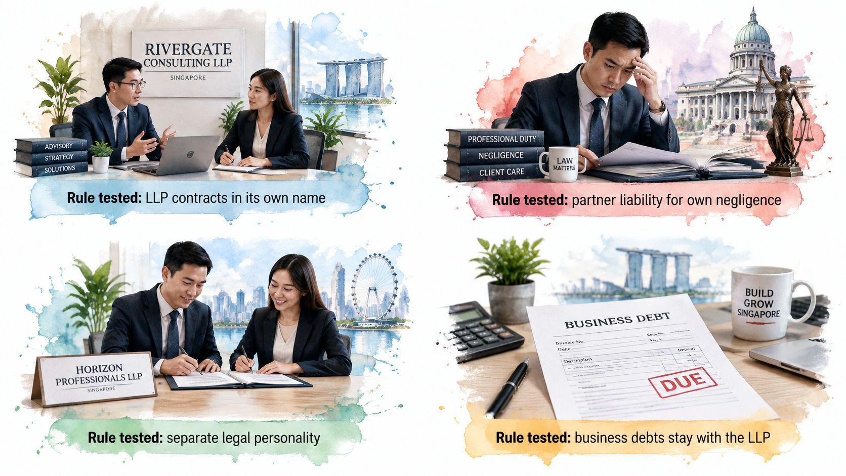 A four-part collage illustrating the legal principles of a limited liability partnership in Singapore with professional scenarios.