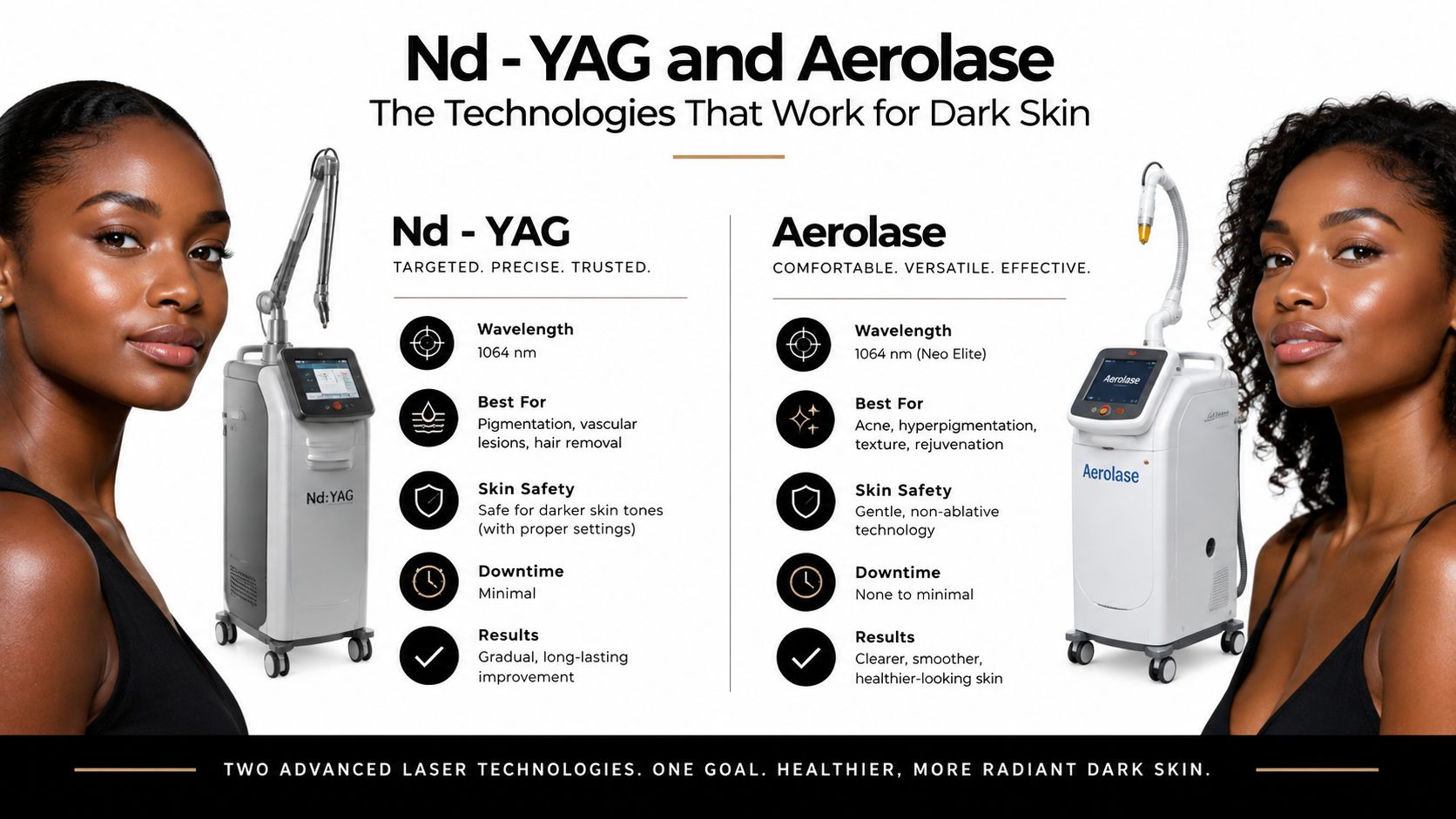 A comparison graphic between Nd-YAG and Aerolase laser technologies for treating darker skin tones.