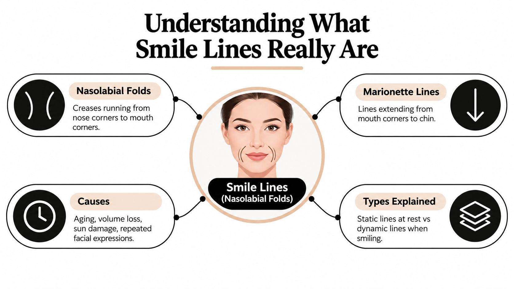 An infographic illustration explaining what smile lines, nasolabial folds, and marionette lines are, including their common causes.