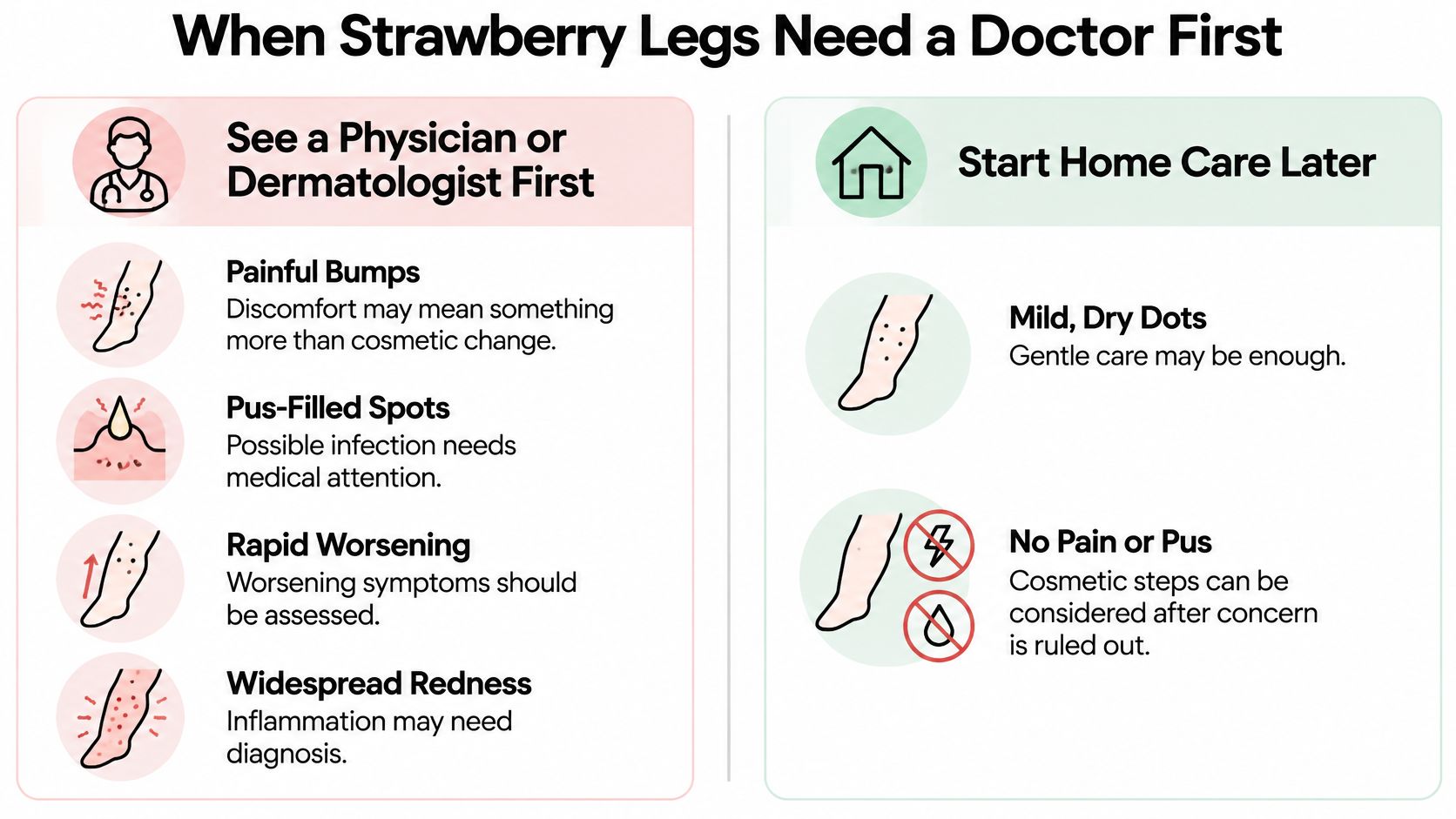 An infographic showing when to see a doctor versus performing home care for strawberry legs skin condition.