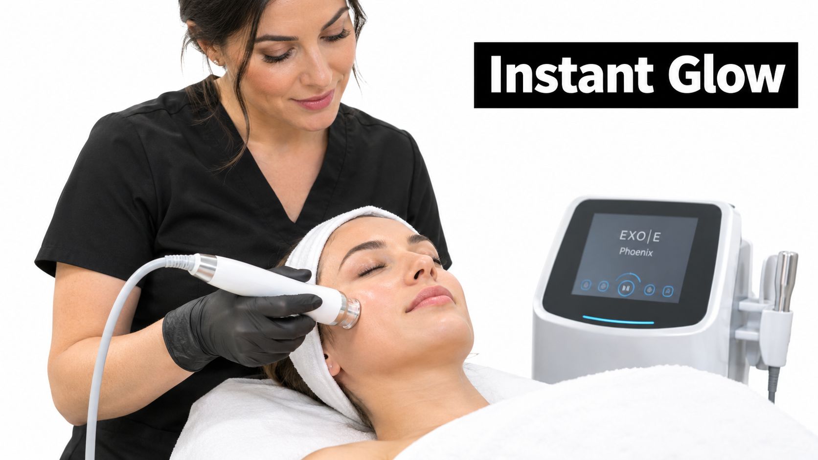 A professional aesthetician performs a facial treatment using the EXO|E Phoenix device on a client's face.