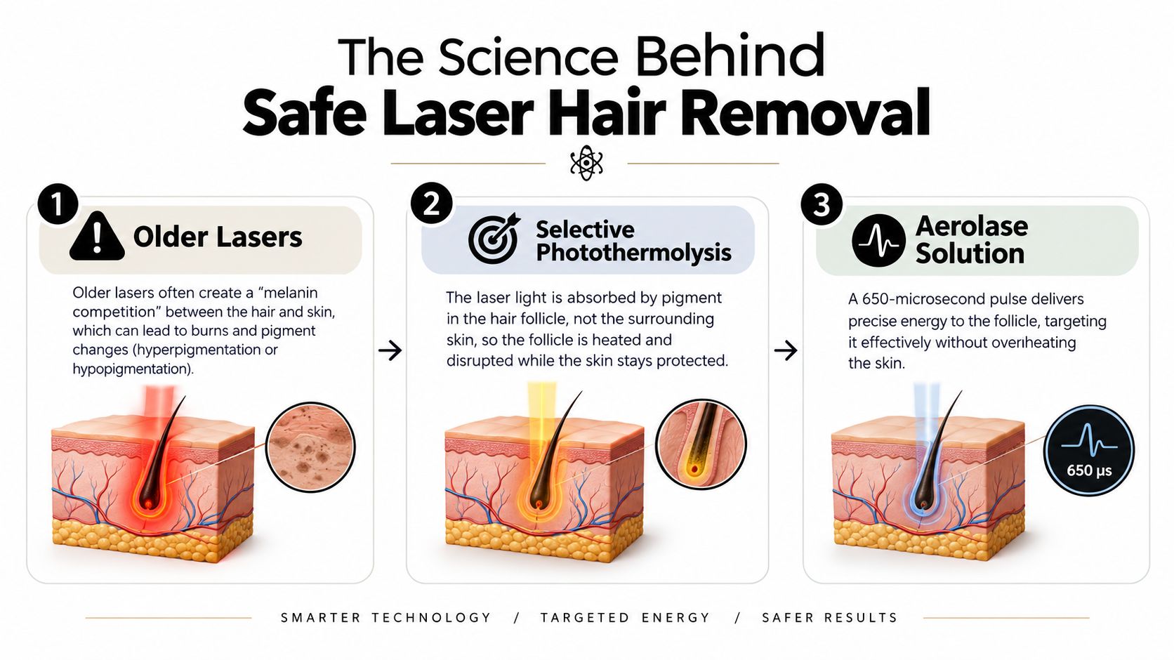A diagram comparing older laser hair removal technology to the safe Aerolase 650-microsecond pulse method on skin.