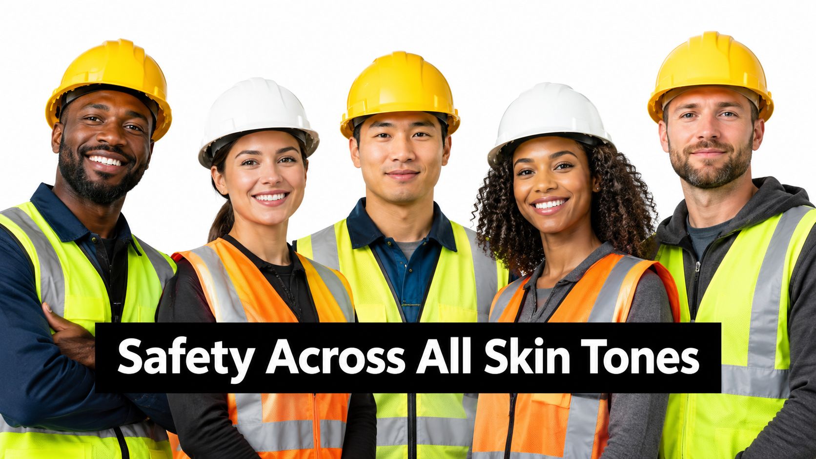 A diverse group of construction workers wearing safety vests and hard hats smiling at the camera.