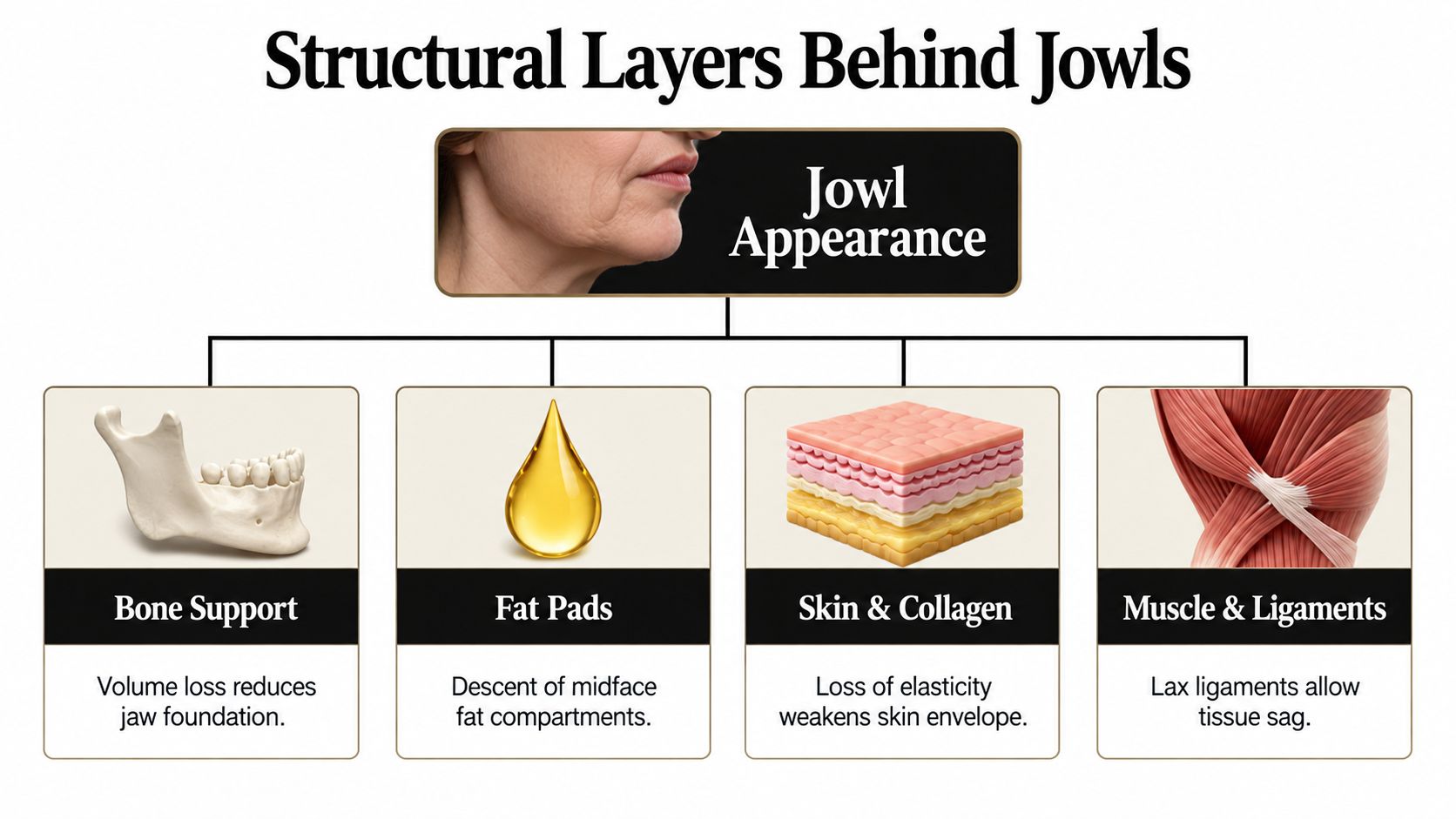 An infographic showing the anatomical structural layers behind jowl formation, including bone, fat, skin, and muscle.