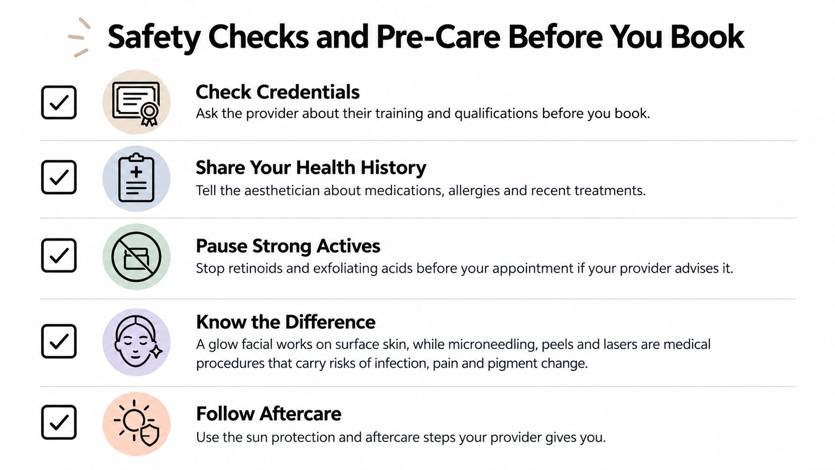 A safety guide for skincare treatments listing five essential steps for booking a professional facial appointment.