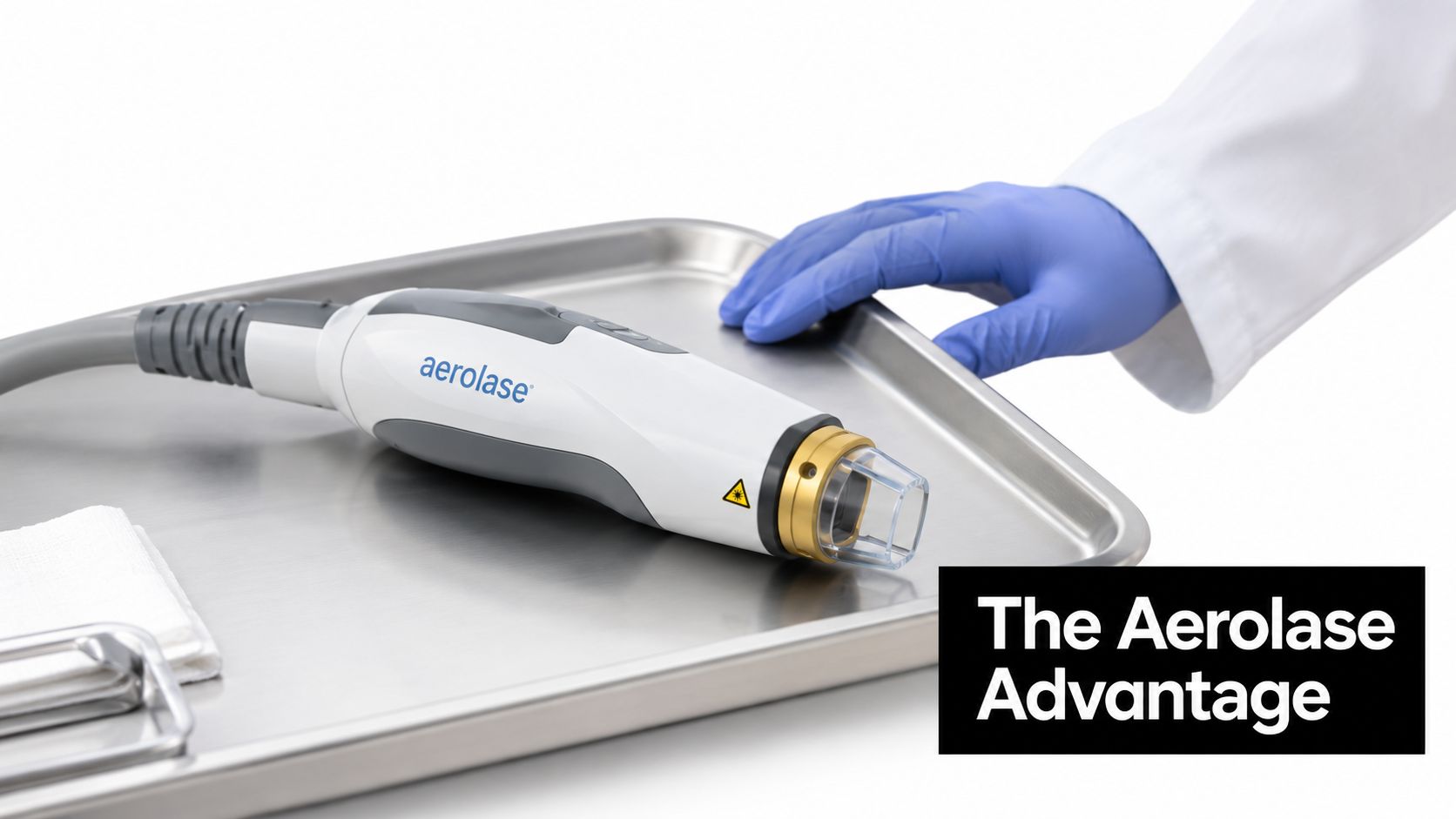 A gloved hand rests near a professional Aerolase laser hair removal device on a medical tray.