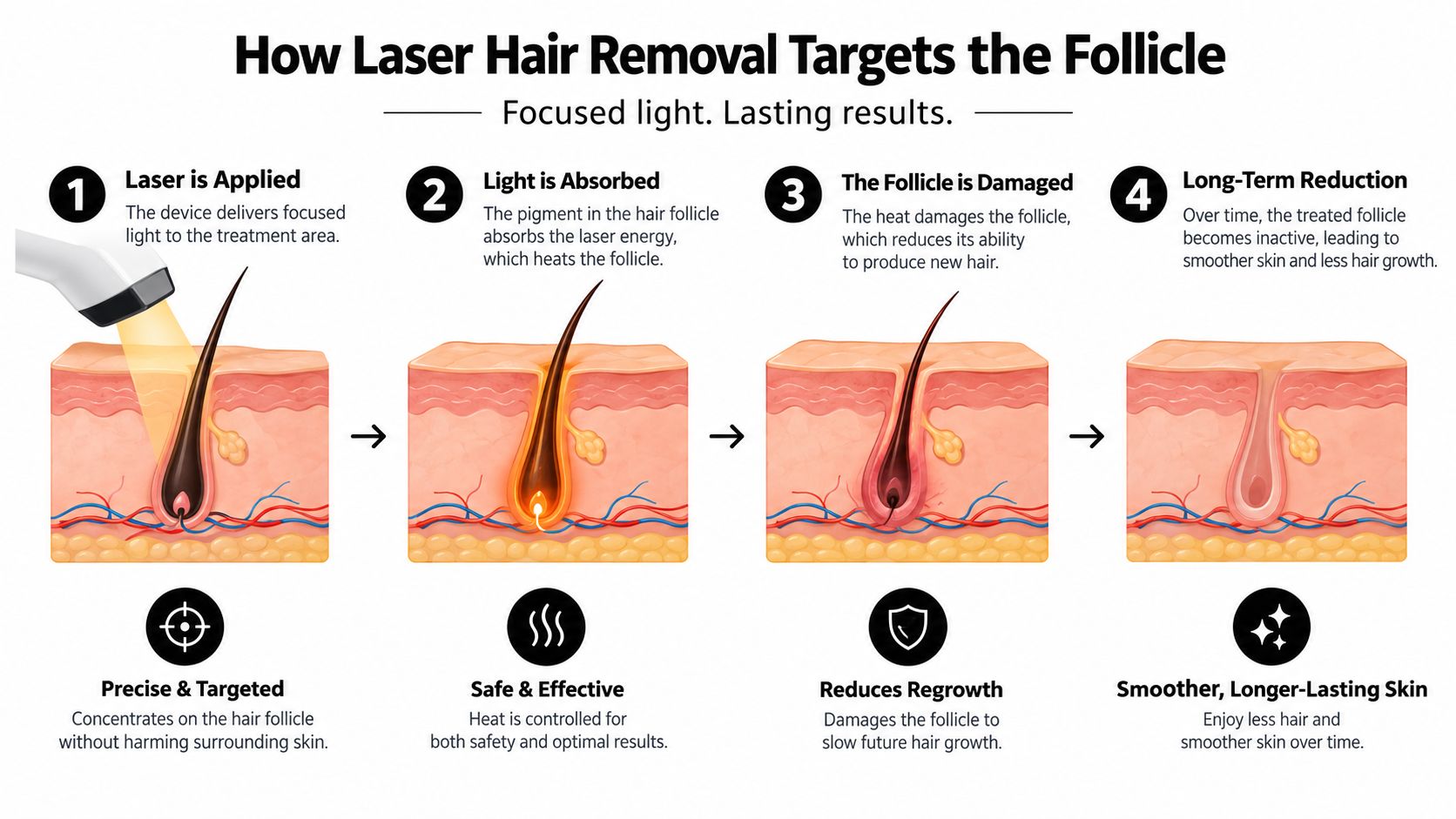 An infographic showing the four stages of how laser hair removal treatment targets and damages hair follicles.