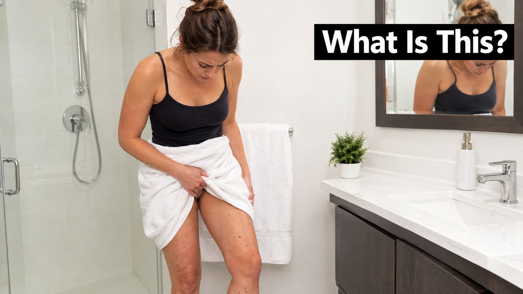 A concerned woman looking at dark spots on her legs while standing in a bathroom.