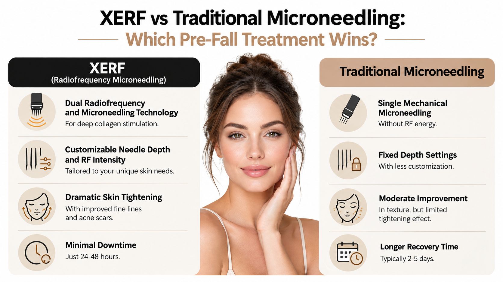 A comparison infographic between XERF radiofrequency microneedling and traditional microneedling highlighting benefits, customization, and recovery time.