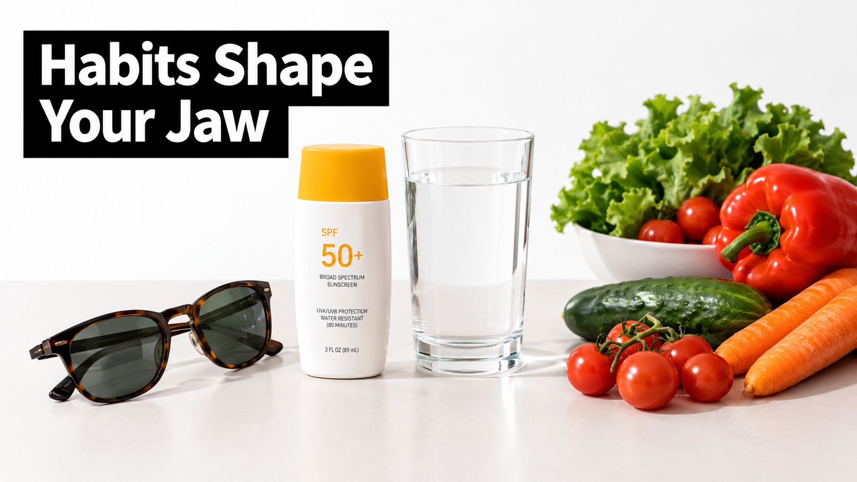 A healthy lifestyle concept featuring fresh vegetables, a glass of water, sunglasses, and sunscreen on a table.