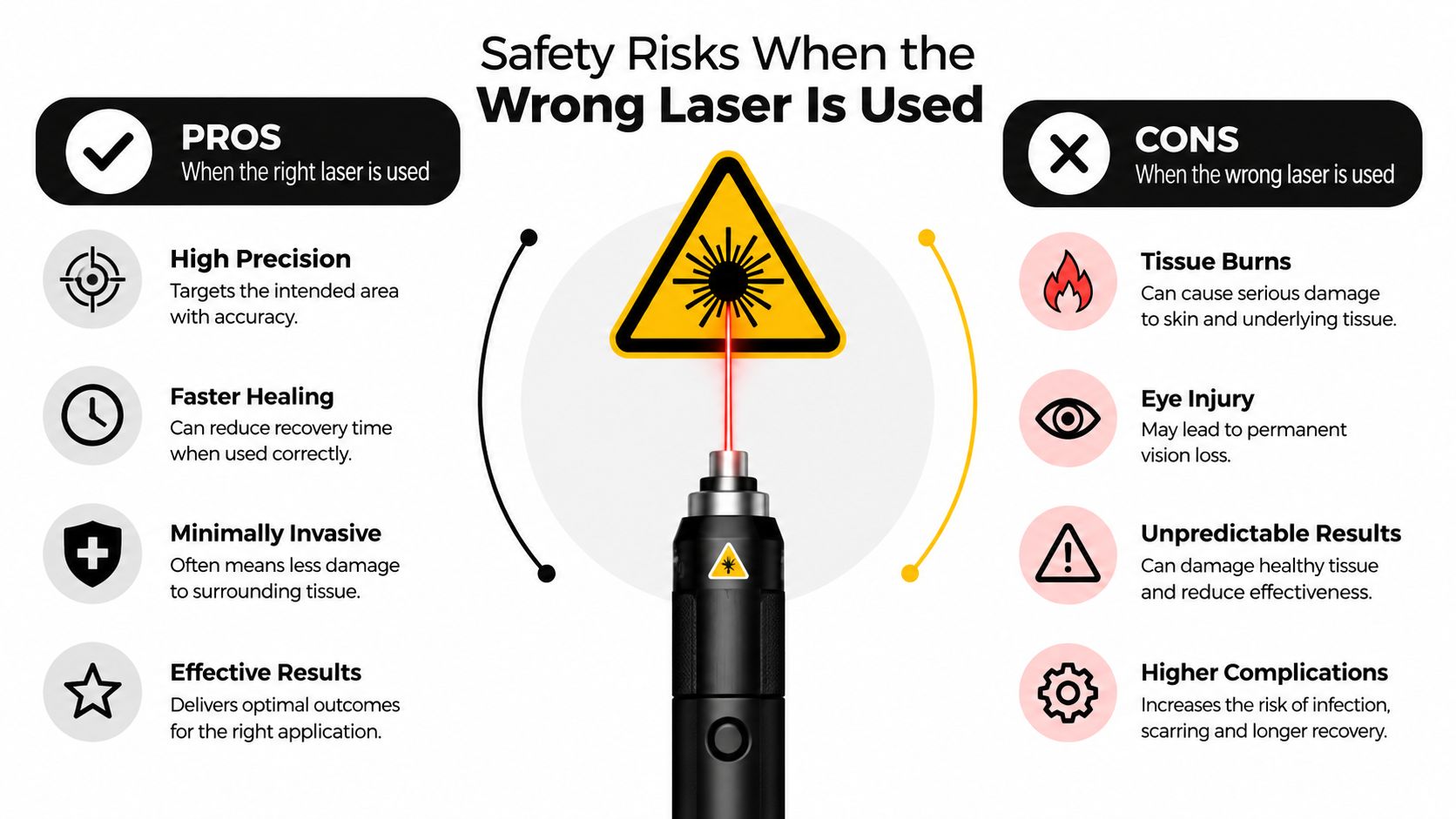 An infographic comparing the benefits of correct laser use against the risks of incorrect laser application.