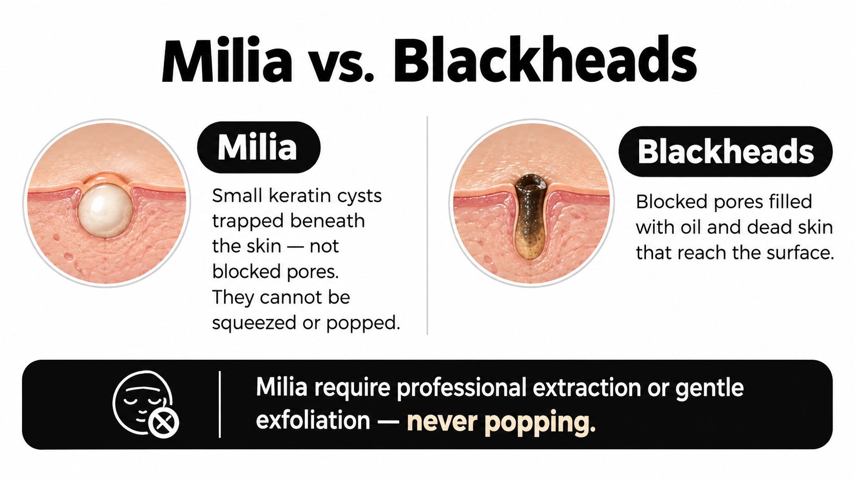 An infographic comparing milia and blackheads, explaining their differences and advising against popping milia at home.