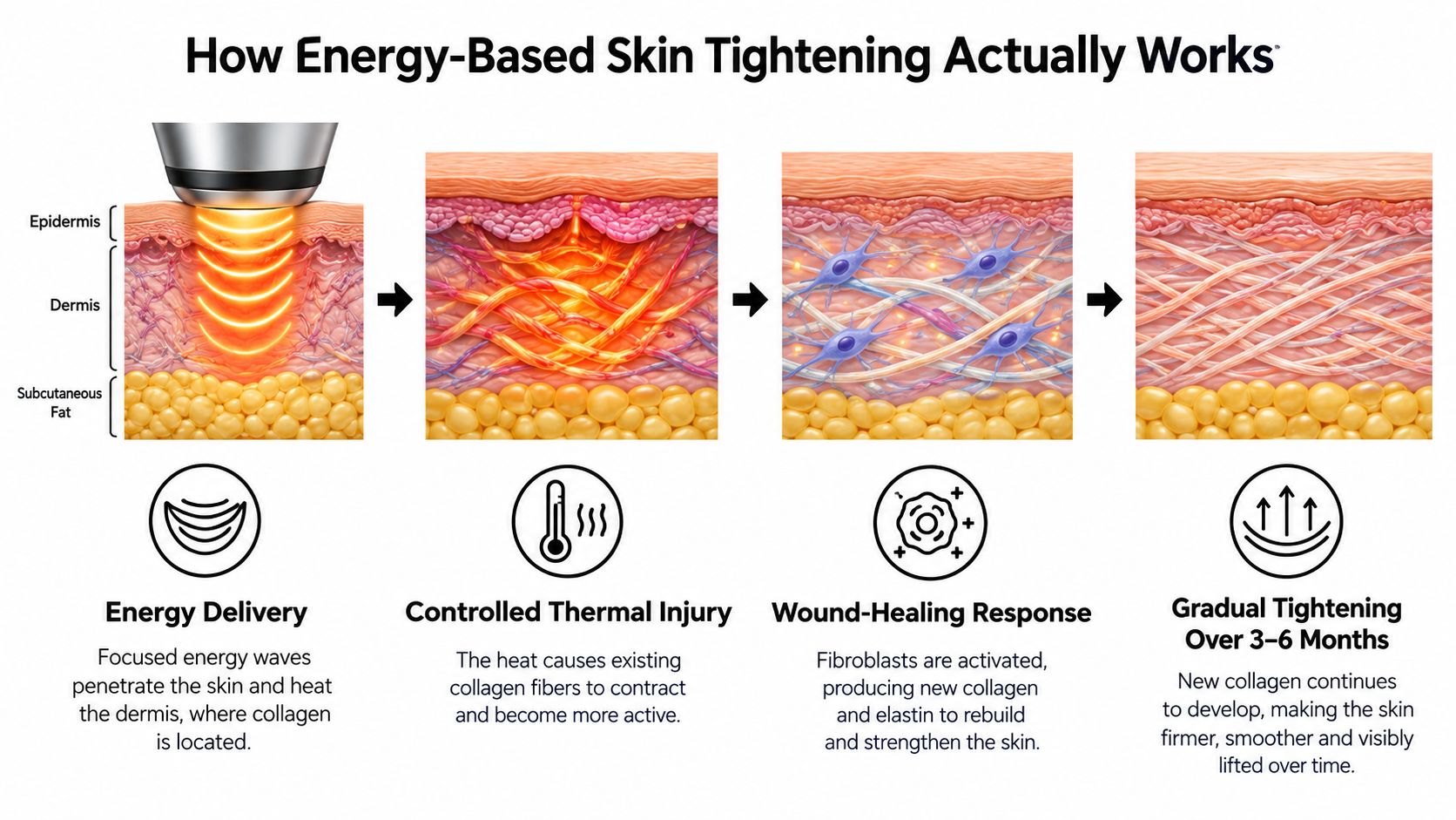 A diagram illustrating the four-step biological process of energy-based skin tightening treatments on human skin layers.