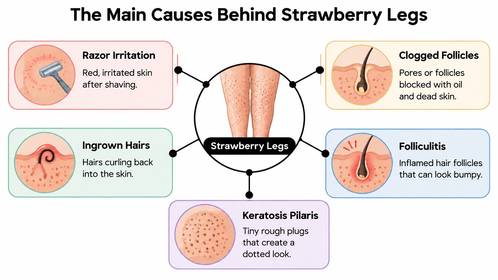 An infographic showing the five main causes of strawberry legs including skin irritation and clogged follicles.
