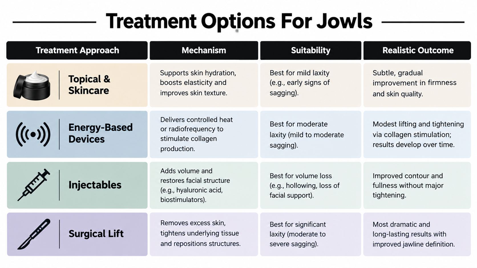 A table outlining various treatment options for jowls, including skincare, energy-based devices, injectables, and surgical lifts.