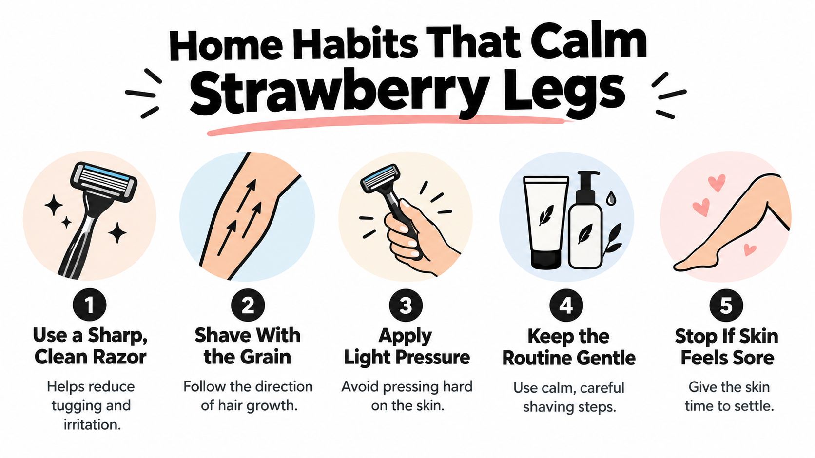 An infographic titled Home Habits That Calm Strawberry Legs showing five steps to gently shave skin.