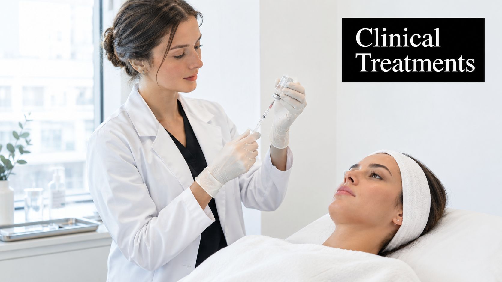A dermatologist prepares an injection for a patient receiving facial treatment to reduce visible smile lines.