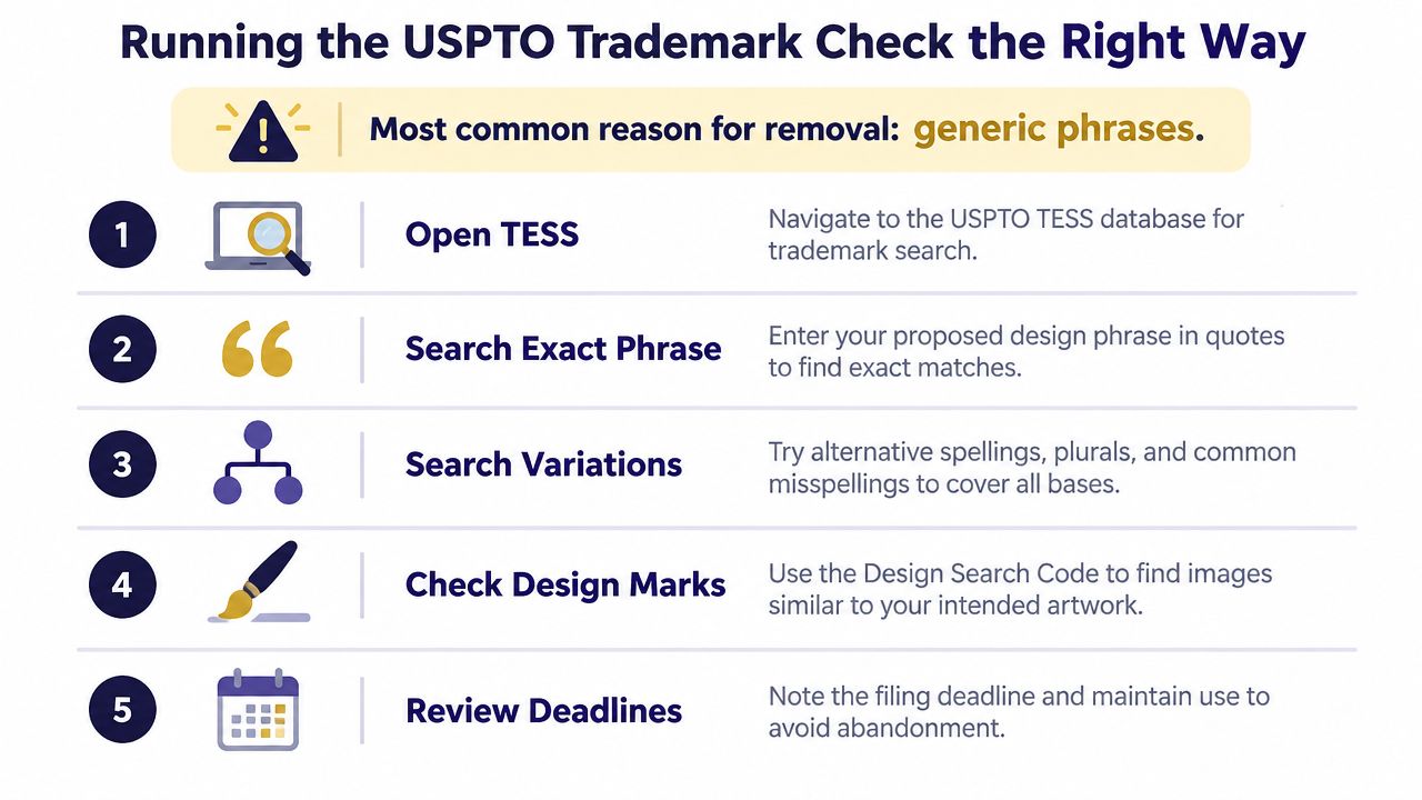 A five-step guide infographic for performing a USPTO trademark search to avoid using generic phrases.